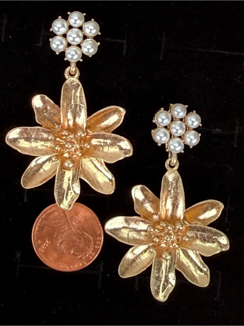 Goldtone Floral Flower Drop Pierced Earrings with Faux Pearl Clusters